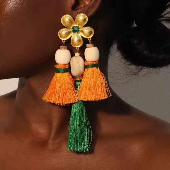 Jewelry - Large Orange and Green Floral Statement Tassel Earrings Long Chunky Big Summer